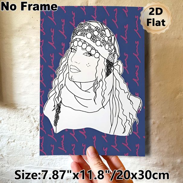 Stylized Boho Figure Painting Poster, Minimalist Line Art Portrait Poster, Artistic Design With Decorative Beaded Headwrap And Wavy Hair, Suitable For_maomaolike.com
