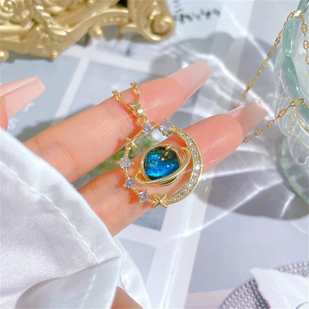 Stainless Steel Clavicle Chain Exquisite Starry Sky Planet Light Luxurious Temperament Gorgeous Necklace Star And Moon_maomaolike.com