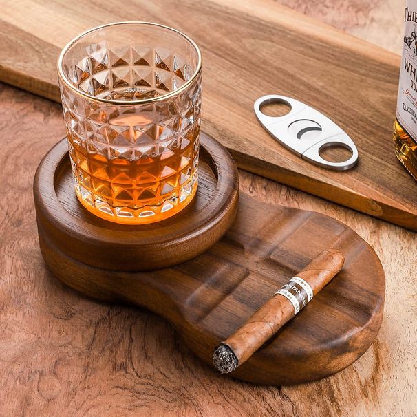 Wooden Cigar With Rotating Lid, Glass Holder, Windproof Covered Ashtray For Cigars & Whiskey Lovers_maomaolike.com