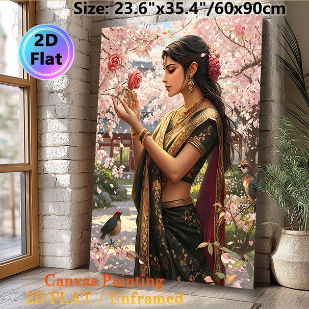 Traditional Indian Lady Painting Poster, Exquisite Vibrant Artistic Poster, Elegant Lady In Ornate Sari Among Blooming Cherry Blossoms And Birds_maomaolike.com