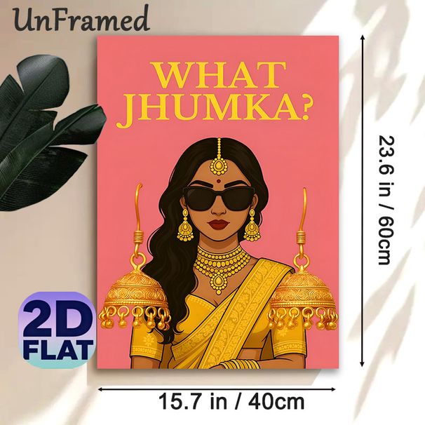 Indian Jhumka Themed Painting Poster, Vibrant Cartoon Indian Lady With Traditional Gold Jewelry Poster, Eye-catching Cultural Decor For Living Room_maomaolike.com