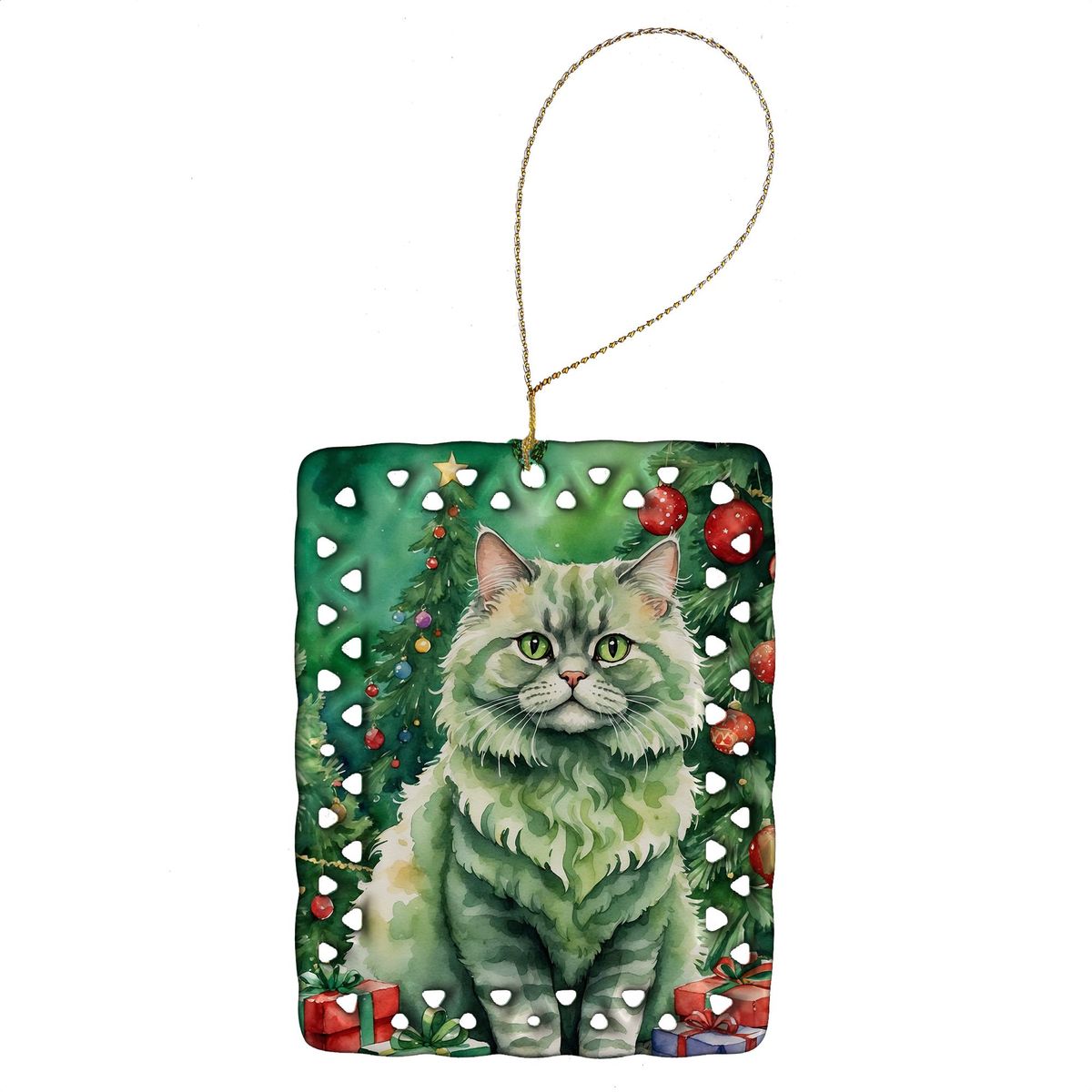 Selkirk Rex Cat By The Christmas Tree Porcelain Ornament Christmas Tree Hanging Decorations For Home Christmas Holiday, Rectangle, Gift, Multicolor_maomaolike.com
