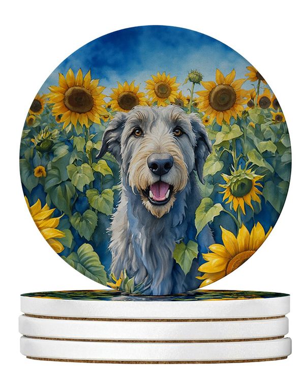Irish Wolfhound In Sunflowers Large Sandstone Coasters Pack Of 4 Absorbent Round Coasters Decor Gifts For Men Or Women, 4 In, Multicolor_maomaolike.com