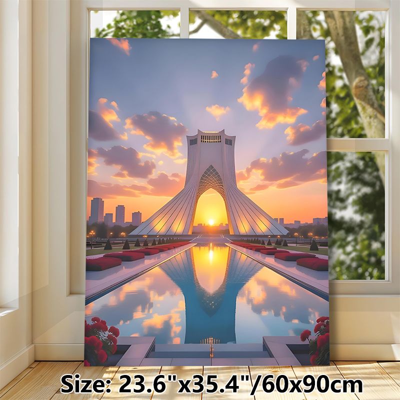 Azadi Tower Sunset Painting Poster, Warm-toned Urban Scenic Reflection Poster, Peaceful Cityscape Artwork Suitable For Living Room, Office Wall Decor_maomaolike.com