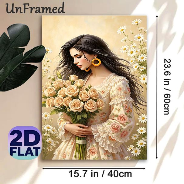Lady With Roses Painting Poster, Soft-toned Romantic Art Poster, Gentle Lady Holding Blush Roses Surrounded By Daisies, Delicate Elegant Decor Piece_maomaolike.com