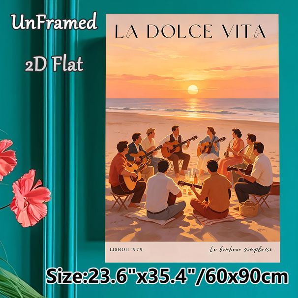Beach Sunset Musical Gathering Painting Poster, Warm-toned Vintage-style Coastal Scene Poster, Cozy Joyful Social Design, Ideal For Living Room_maomaolike.com