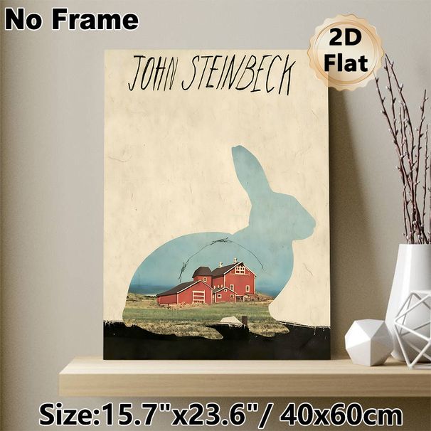 John Steinbeck Farm Rabbit Painting Poster, Vintage Rabbit Silhouette With Red Farm Scene Poster, Retro Literary-inspired Decor For Home Study, Living_maomaolike.com