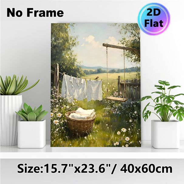 Rustic Laundry Yard Painting Poster, Warm-toned Idyllic Pastoral Poster, Sunlit Yard With Hanging Clothes, Wildflowers And Swing, Adds Cozy Rural Feel_maomaolike.com