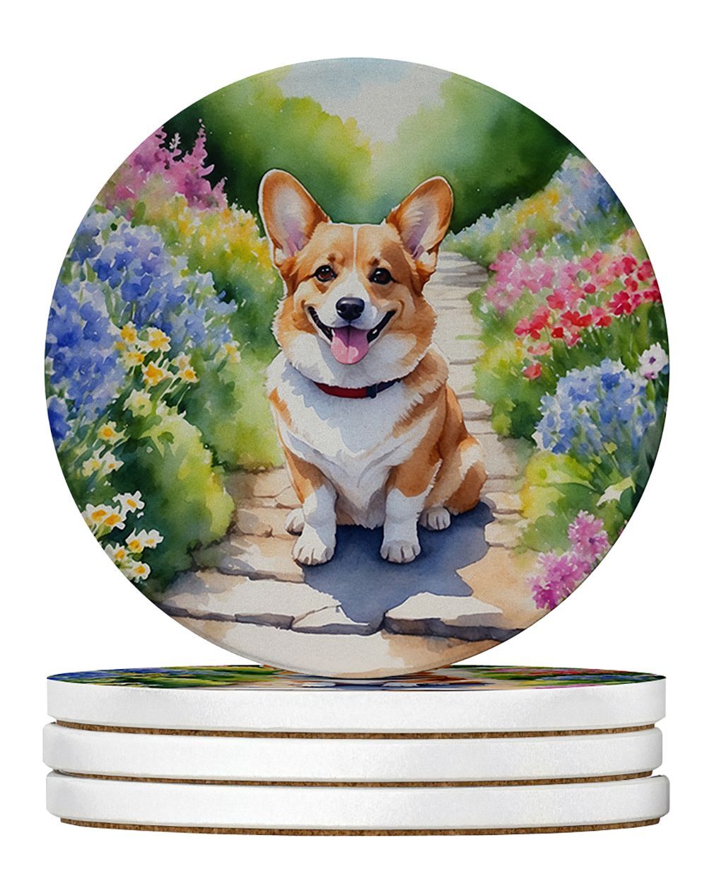 Corgi Spring Path Large Sandstone Coasters Pack Of 4 Absorbent Round Coasters Decor Gifts For Men Or Women, 4 In, Multicolor_maomaolike.com