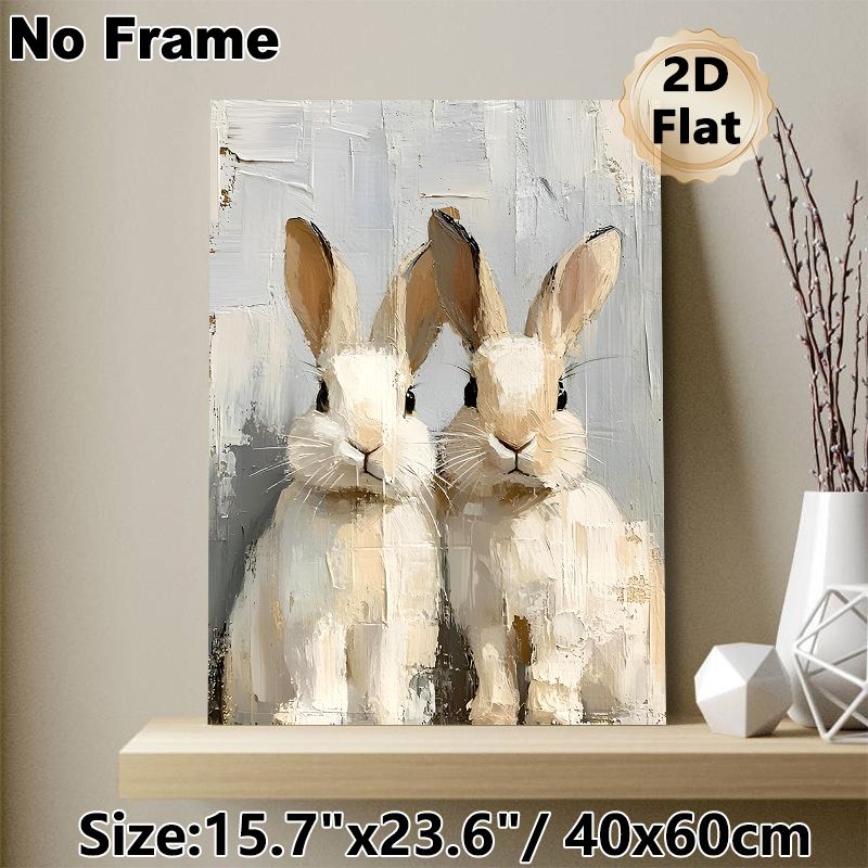Two Rabbits Painting Poster, Textured Impasto-style Paired Rabbits Poster, Soft-toned Animal Artwork Adds Warm Rustic Touch, Ideal For Living Room_maomaolike.com