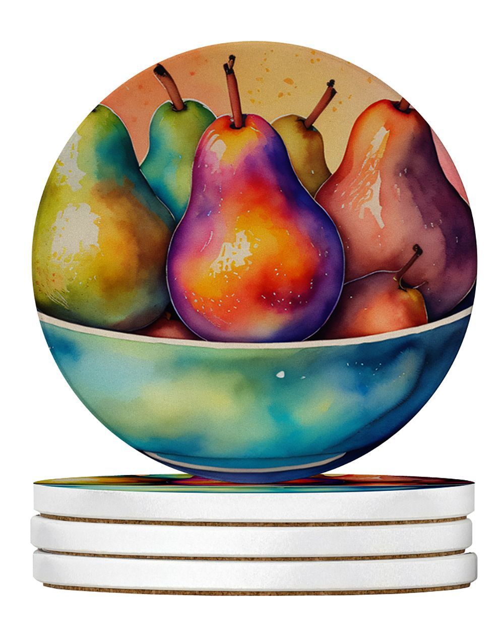 Colorful Pears Large Sandstone Coasters Pack Of 4 Absorbent Round Coasters Decor Gifts For Men Or Women, 4 In, Multicolor_maomaolike.com