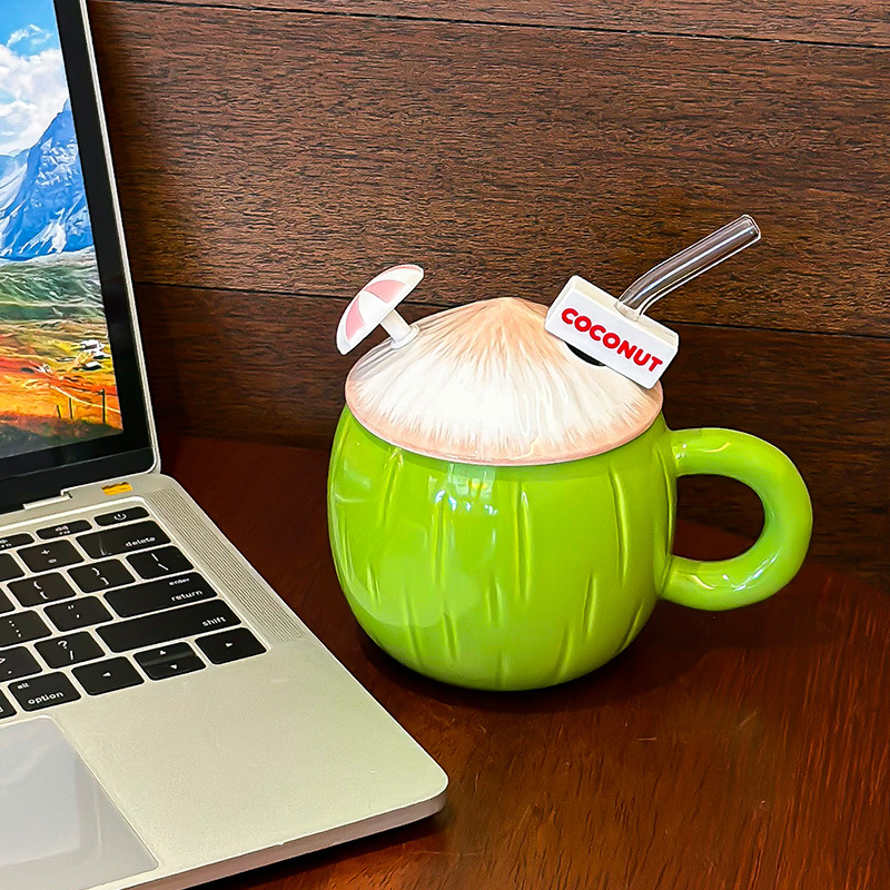 Coconut Shaped Mug With Cute Lid, Straw Water Cup, Birthday Gift Cup, Couple's High-value Milk Breakfast Cup_maomaolike.com