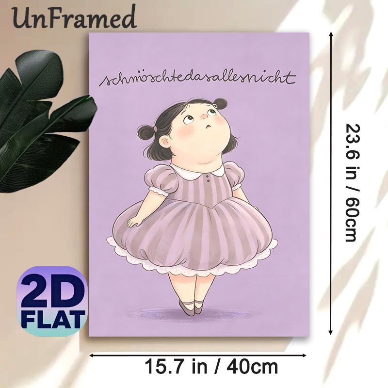 Cute Chubby Cartoon Girl Painting Poster, Soft Purple-toned Whimsical Poster, Warm Playful Artwork Of Girl In Striped Dress, Ideal Decor For Bedroom_maomaolike.com
