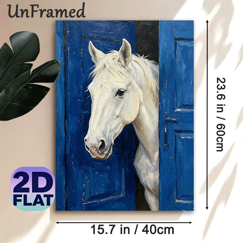 White Horse Painting Poster, Textured Impasto Style Poster, Artistic Rustic Design Featuring White Horse Peeking From Blue Door, Ideal For Living_maomaolike.com