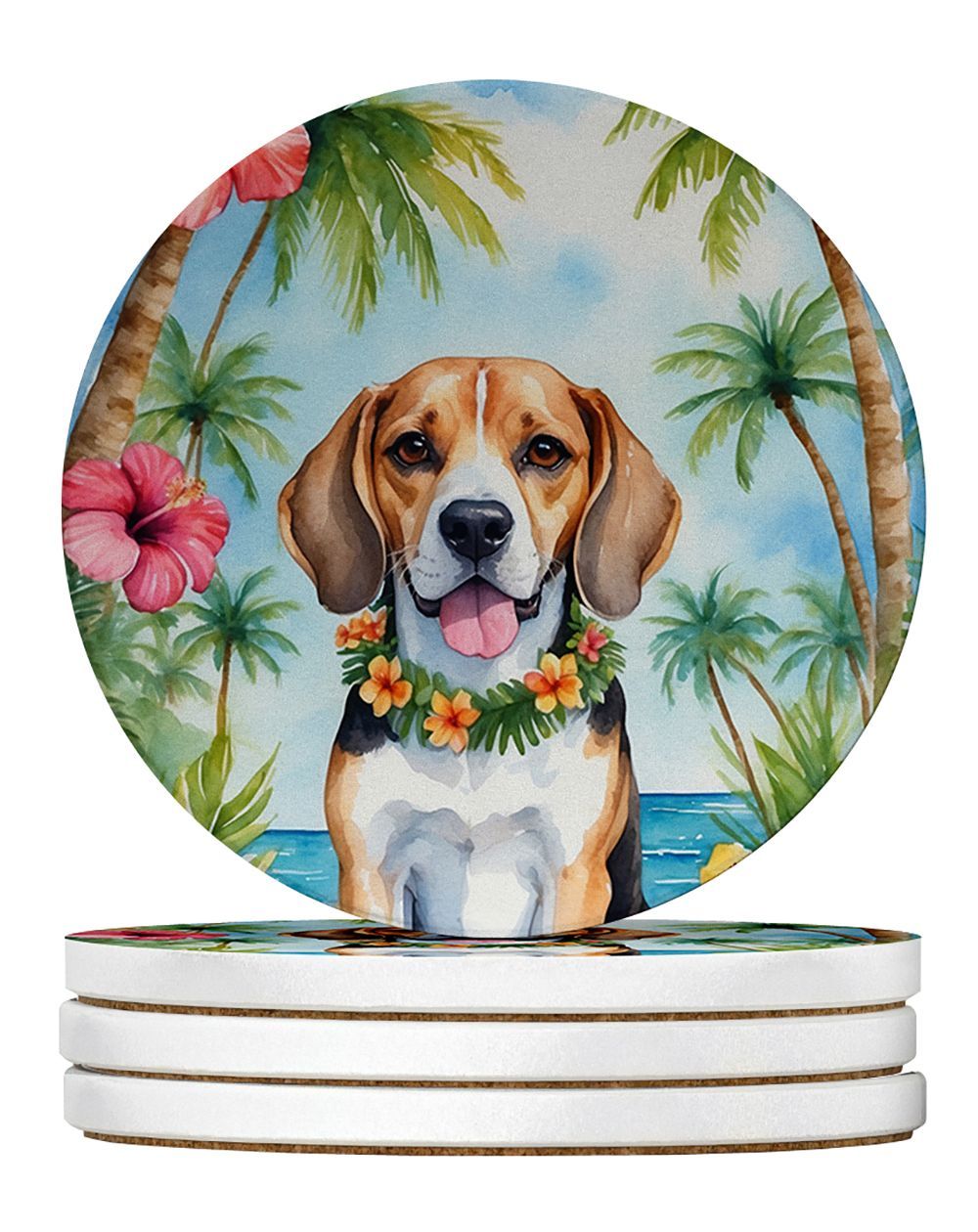 Beagle Luau Large Sandstone Coasters Pack Of 4 Absorbent Round Coasters Decor Gifts For Men Or Women, 4 In, Multicolor_maomaolike.com