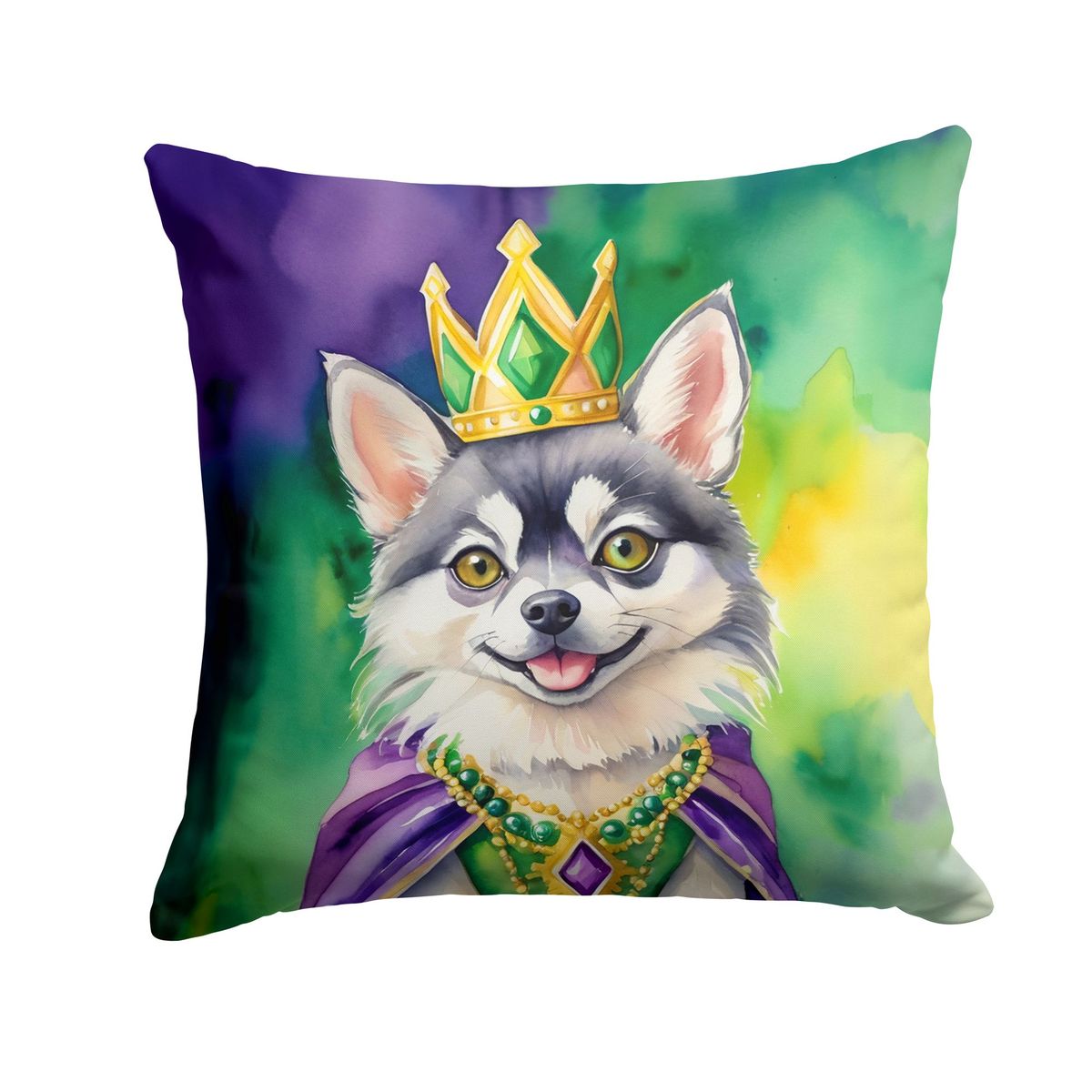 Alaskan Klee Kai King Of Mardi Gras Throw Pillow Machine Washable, Indoor Outdoor Decorative Pillow For Couch, Bed Or Patio, 18Hx18W_maomaolike.com