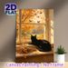 Autumn Window Cat Painting Poster, Warm-toned Idyllic Scene Poster, Cozy Tranquil Autumn View With Black Cat, Falling Leaves And Birds, Ideal For_maomaolike.com