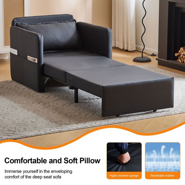 Adult Sleeper Chair Bed, 3-in-1 Convertible Sofa Chair Bed Pull-out Sofa Bed, Convenient Folding Tray Table With USB And Type-C Charging Ports For Living Room,BLACK,Leather_maomaolike.com
