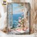 Coastal Window With Roses Painting Poster, Dreamy Impressionist-style Poster, Tranquil Ocean View With Pink Floral Design, Ideal For Bedroom And_maomaolike.com