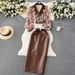 Women's Clothing Hong Kong style chic suit collar floral chiffon shirt high waist tight PU leather skirt female high end outfit two piece suit_maomaolike.com
