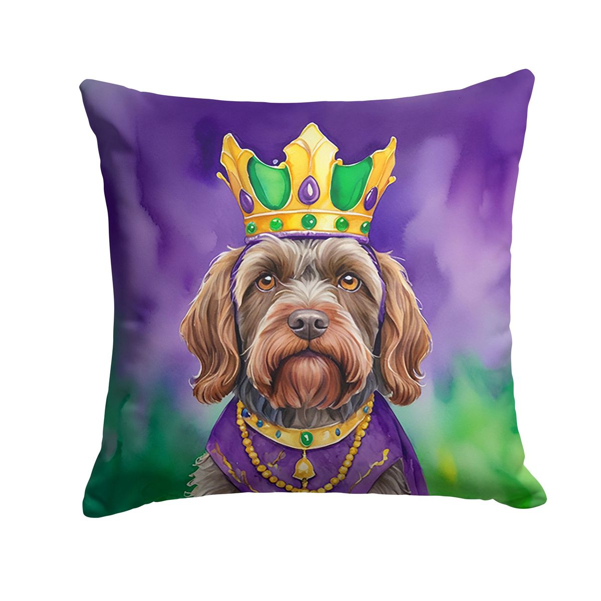 Wirehaired Pointing Griffon King Of Mardi Gras Throw Pillow Machine Washable, Indoor Outdoor Decorative Pillow For Couch, Bed Or Patio, 14Hx14W_maomaolike.com