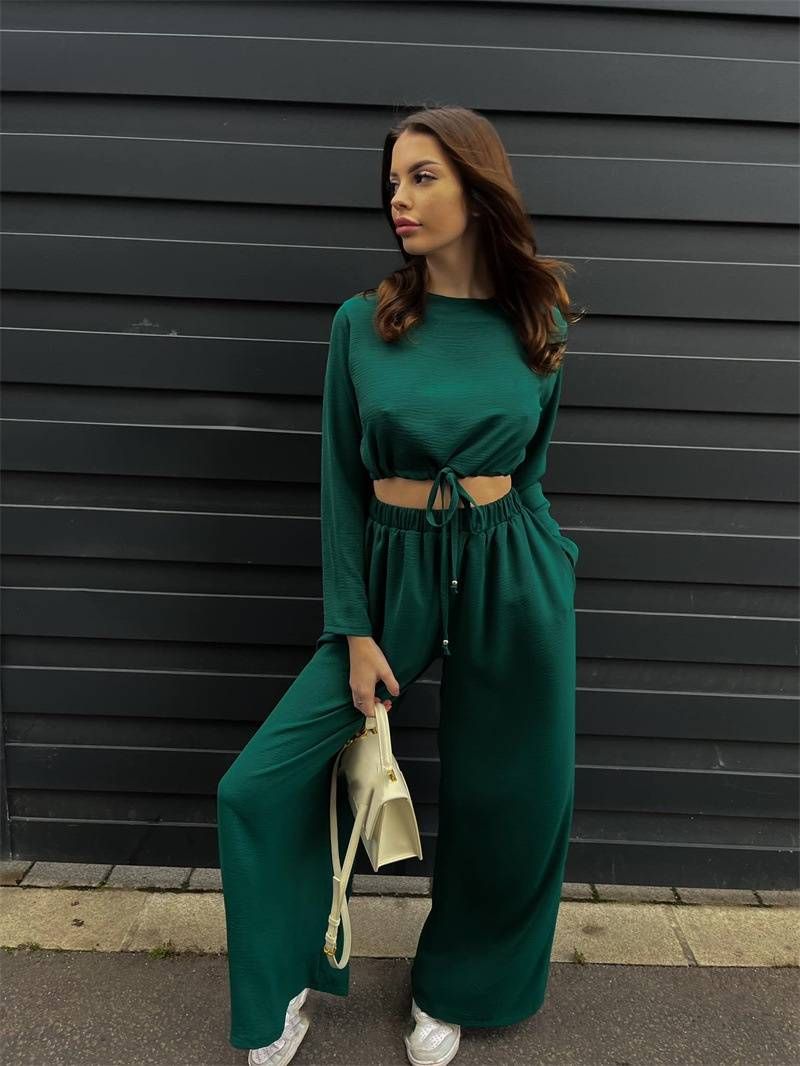 Women's clothing fashion solid color lace short long-sleeved top wide-leg pants two-piece set_maomaolike.com