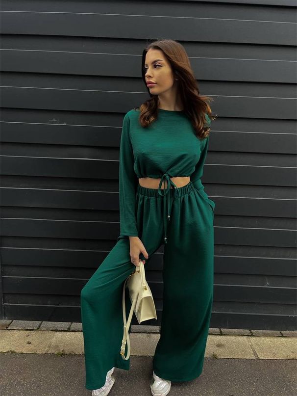 Women's clothing fashion solid color lace short long-sleeved top wide-leg pants two-piece set_maomaolike.com