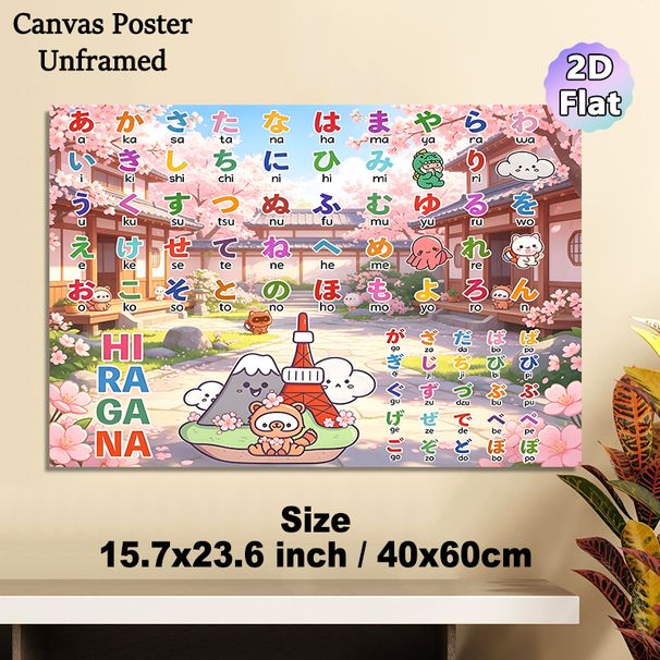 Hiragana Learning Painting Poster, Cute Cartoon-style Japanese Cherry Blossom & Kawaii Character Poster, Practical For Japanese Language Study, Ideal_maomaolike.com