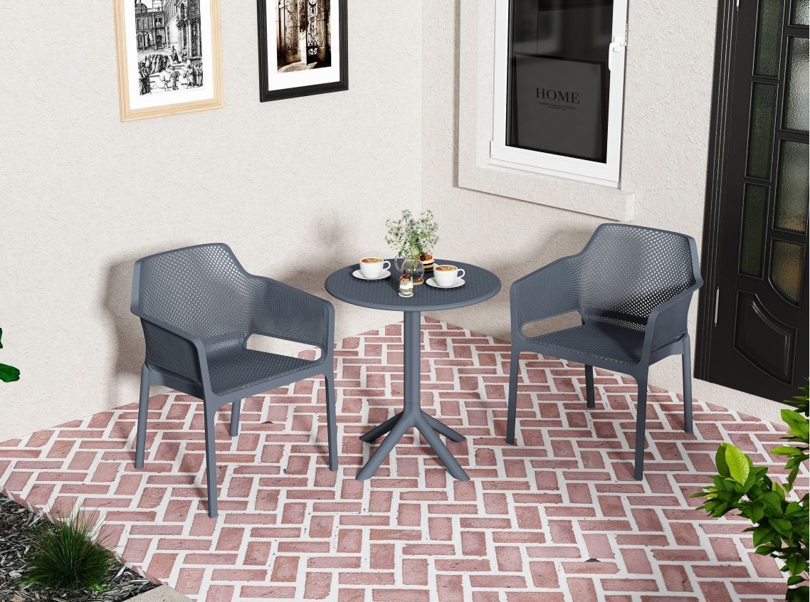 3 Piece Plastic Arm Chair Bistro GRS Premium Ocean Plastic, Charcoal_maomaolike.com