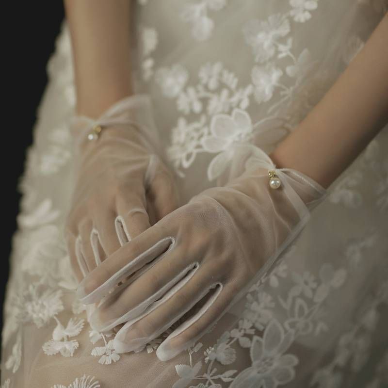 Unisex Short plain pearl gloves package five finger bride milky white wedding dress etiquette lace studio photo_maomaolike.com