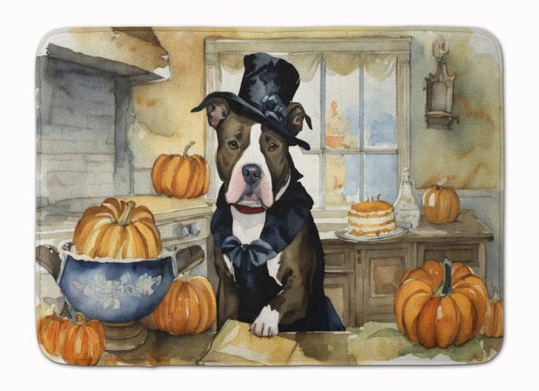 Pit Bull Terrier Fall Kitchen Pumpkins Memory Foam Kitchen Mat Machine Washable Anti-Fatigue Mat Cushion Comfort Bath Mat Or Kitchen Rug_maomaolike.com