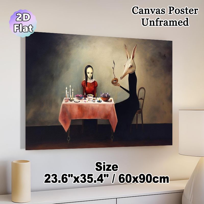 Surreal Dinner Party Painting Poster, Eerie Surrealist Mysterious Dining Scene Poster, Unique Artistic Decor Ideal For Home Gallery, Living Room_maomaolike.com