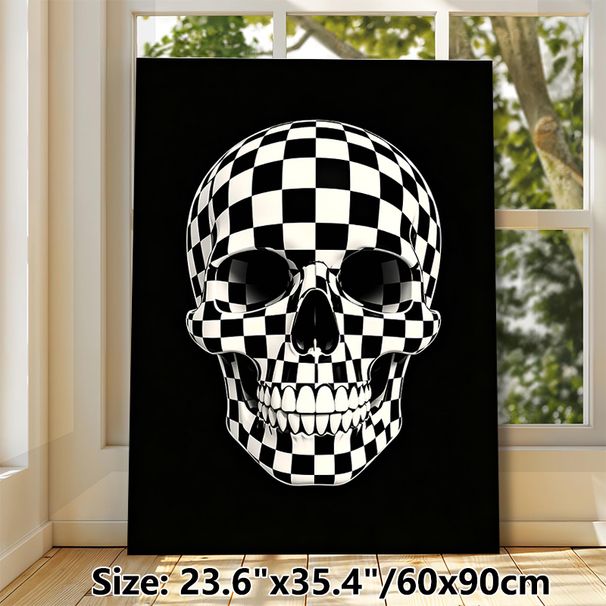 Checkered Skull Painting Poster, Sleek Black & White Checkered Pattern Skull Poster, Unique Artistic Decor Ideal For Living Room, Studio Or_maomaolike.com