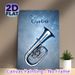 Tuba Themed Painting Poster, Shiny Metallic Blue-toned Poster, Elegant Music-inspired Decor Featuring Glossy Tuba On Starry Textured Backdrop, Ideal_maomaolike.com