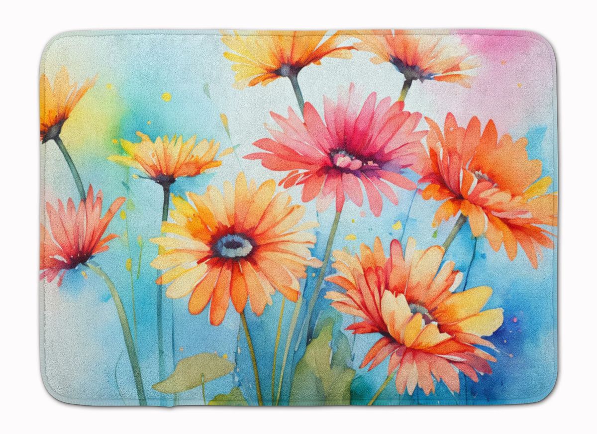 Gerbera Daisies In Watercolor Memory Foam Kitchen Mat Machine Washable Anti-Fatigue Mat Cushion Comfort Bath Mat Or Kitchen Rug_maomaolike.com