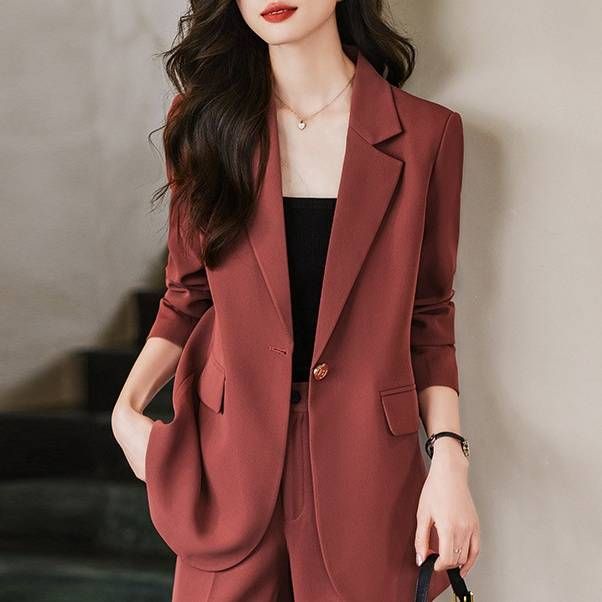 Women's Clothing Red simple fashion suit suit women's suit jacket high waist straight fashion_maomaolike.com