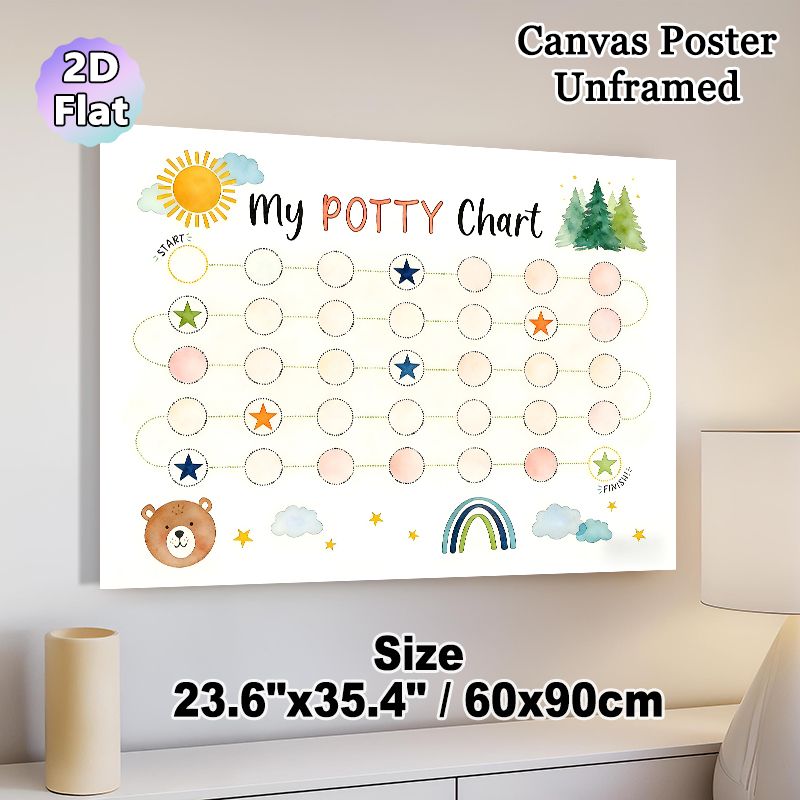 Potty Chart Painting Poster, Watercolor Cute Woodland Scene Poster, Functional Design To Track Potty Training Progress, Suitable For Bathroom_maomaolike.com