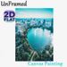 Urban Lakeside Cityscape Painting Poster, Vibrant Aerial View Modern City With Lake & Fountain Poster, Serene Urban Scenery Ideal For Home Office_maomaolike.com