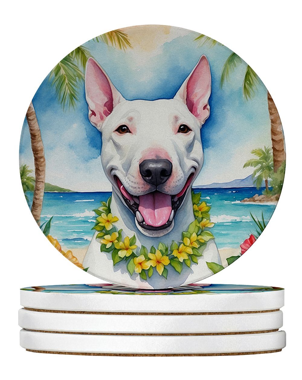Bull Terrier Luau Large Sandstone Coasters Pack Of 4 Absorbent Round Coasters Decor Gifts For Men Or Women, 4 In, Multicolor_maomaolike.com