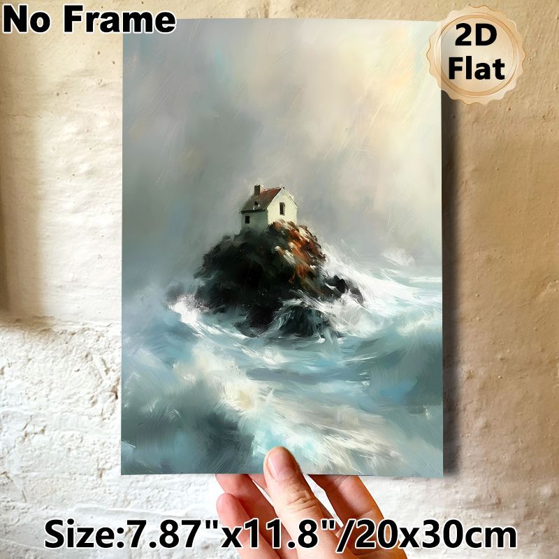 Seaside Cottage On Rock Painting Poster, Soft-toned Impressionist Stormy Sea Scene Poster, Calming Dramatic Coastal Artwork Ideal For Living Room_maomaolike.com