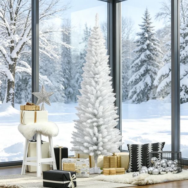 White 6' Artificial Pencil Christmas Tree With 390 Realistic Branch Tips And Plastic Stand_maomaolike.com