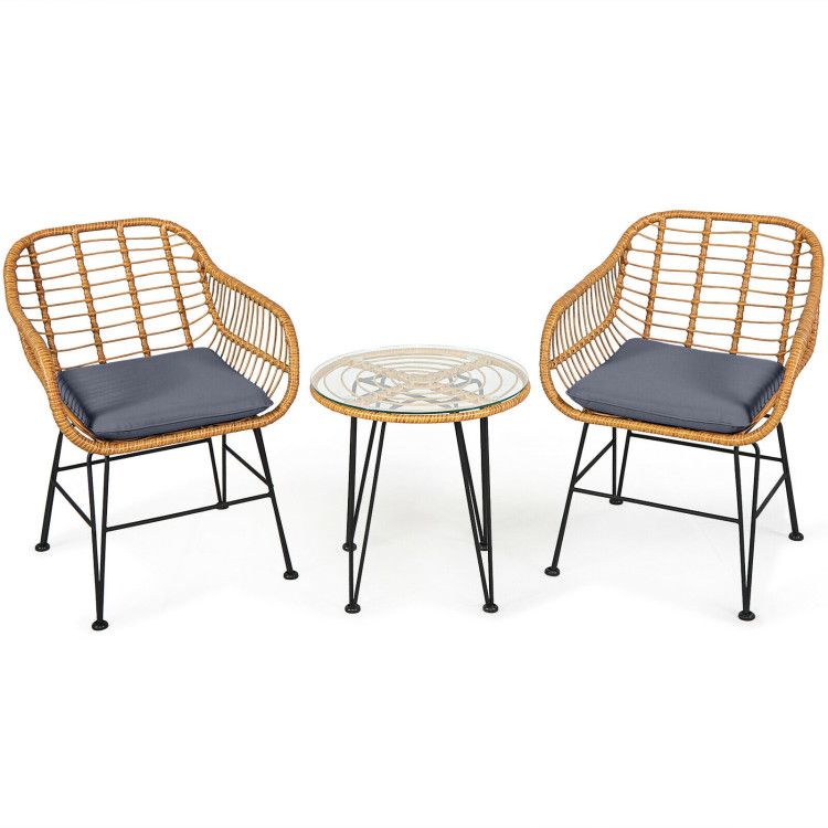 3 Pieces Rattan Furniture Set With Cushioned Chair Table_maomaolike.com
