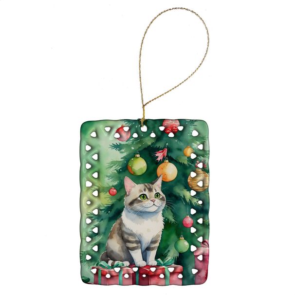 Li Hua Cat By The Christmas Tree Porcelain Ornament Christmas Tree Hanging Decorations For Home Christmas Holiday, Rectangle, Gift, Multicolor_maomaolike.com