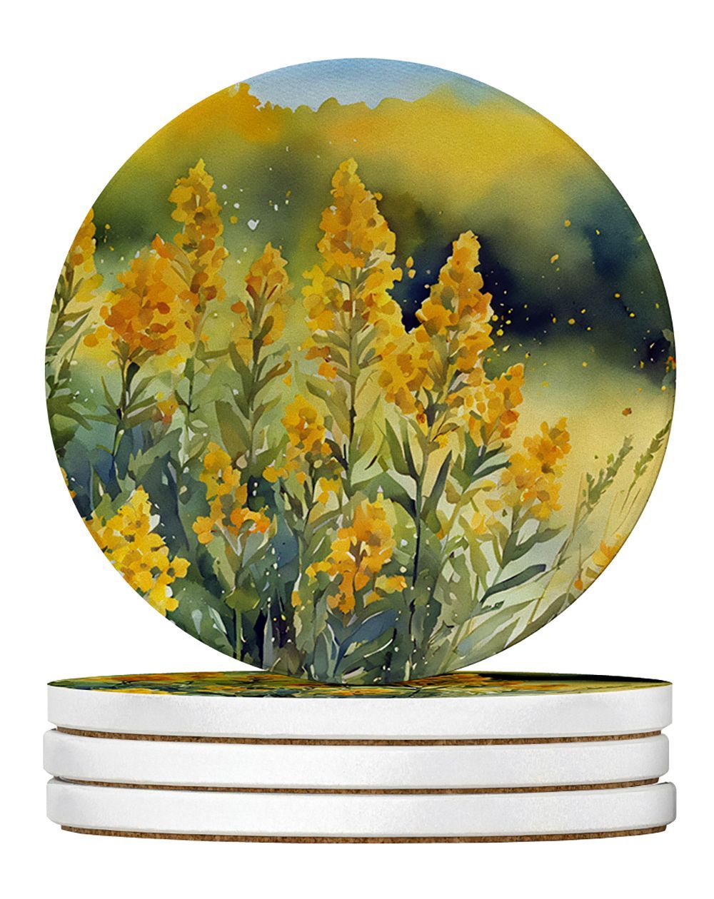 Nebraska Goldenrod In Watercolor Large Sandstone Coasters Pack Of 4 Absorbent Round Coasters Decor Gifts For Men Or Women, 4 In, Multicolor_maomaolike.com