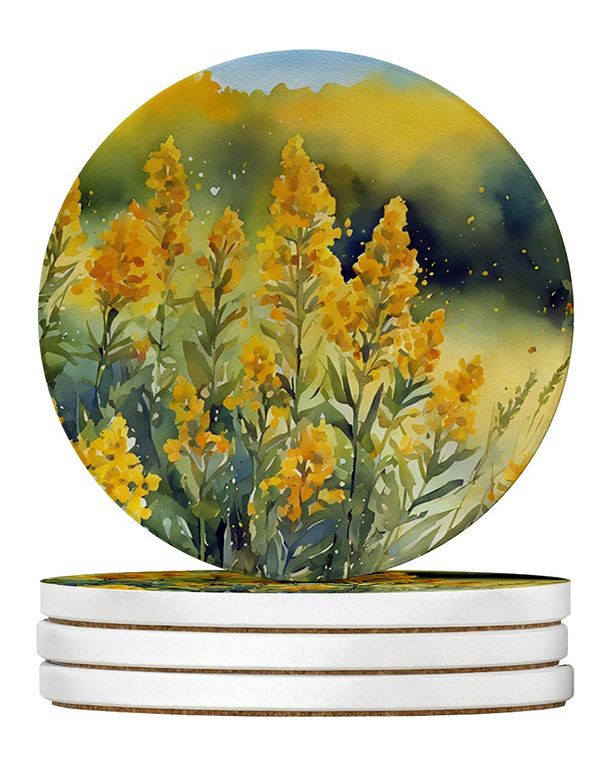Nebraska Goldenrod In Watercolor Large Sandstone Coasters Pack Of 4 Absorbent Round Coasters Decor Gifts For Men Or Women, 4 In, Multicolor_maomaolike.com
