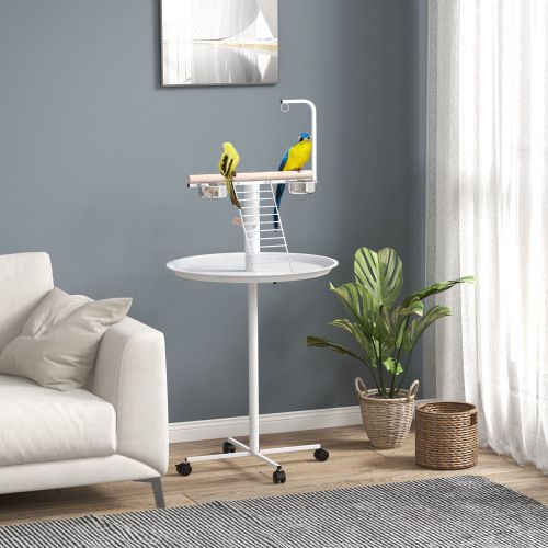 PawHut Bird Stand, Parrot Stand With Wheels, Perches, Stainless Steel Feed Bowls, Round Tray, Bird Play Stand For Indoor Outdoor, White_maomaolike.com