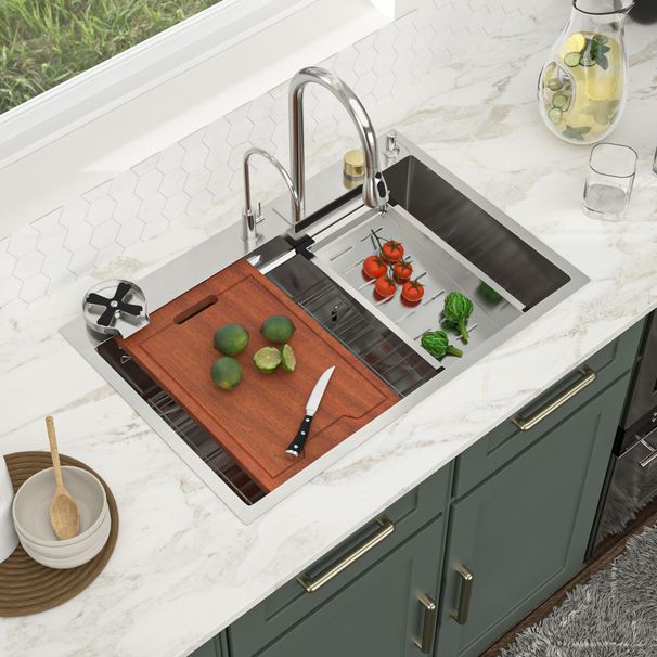 33in. *22in.*10in. Drop In 304 Stainless Steel Workstation Kitchen Sink With Dual Built-in Ledge, Top Mount Single Bowl Workstation Sink With Pull-Out Spray Head Faucet And Rainfall Faucet ,Cup Washer_maomaolike.com