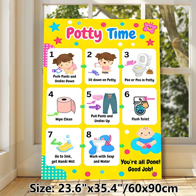 Potty Training Theme Painting Poster, Colorful Cartoon-style Step-by-step Potty Guide Poster, Clear Instructional Steps To Support Potty Training_maomaolike.com