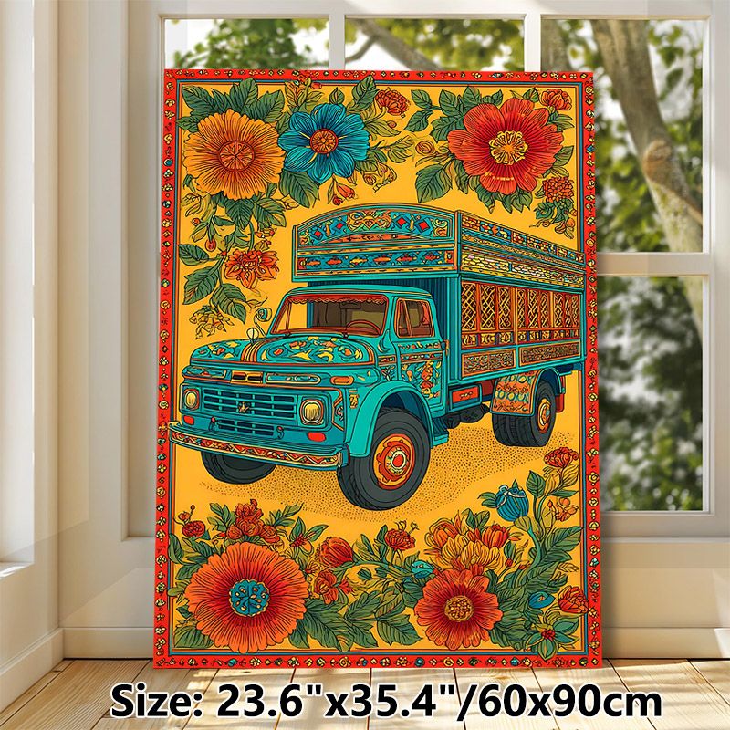 Bohemian Floral Truck Painting Poster, Vibrant Ethnic-style Decorated Truck With Bold Blooming Flowers Poster, Eye-catching Folk Art Design Ideal For_maomaolike.com