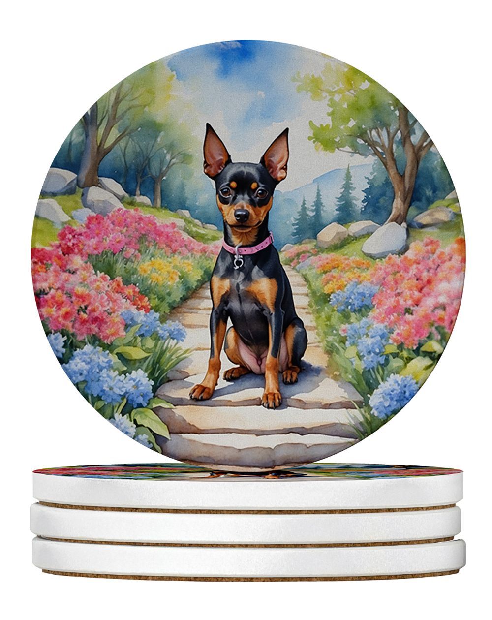 Miniature Pinscher Spring Path Large Sandstone Coasters Pack Of 4 Absorbent Round Coasters Decor Gifts For Men Or Women, 4 In, Multicolor_maomaolike.com